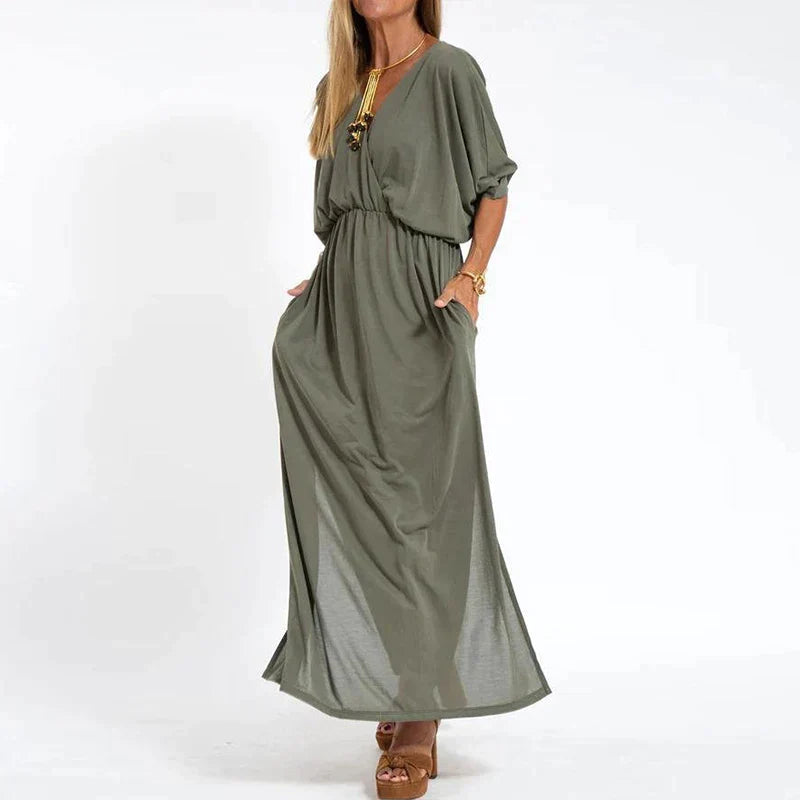 Lange Vintage jurk met zijsplit in hoge taille