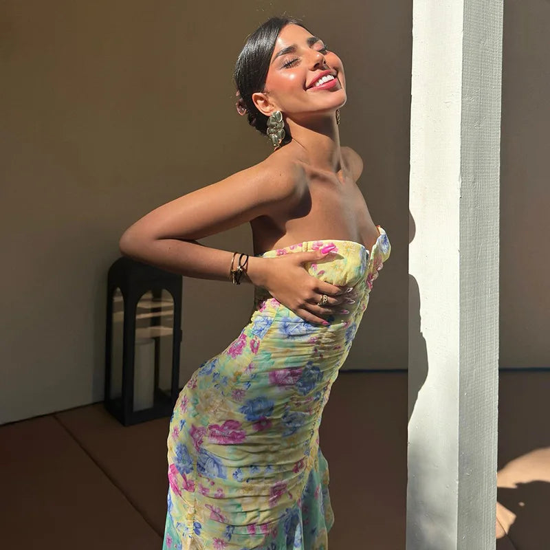 Jurk met sweetheart halslijn en rimpeling in bloemenpatroon