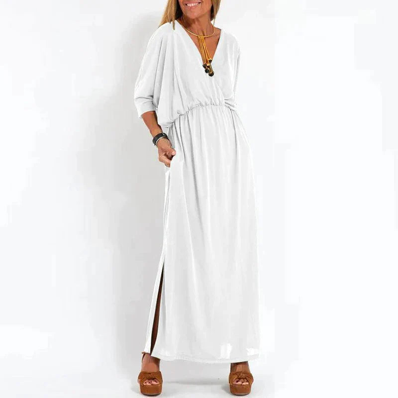 Lange Vintage jurk met zijsplit in hoge taille