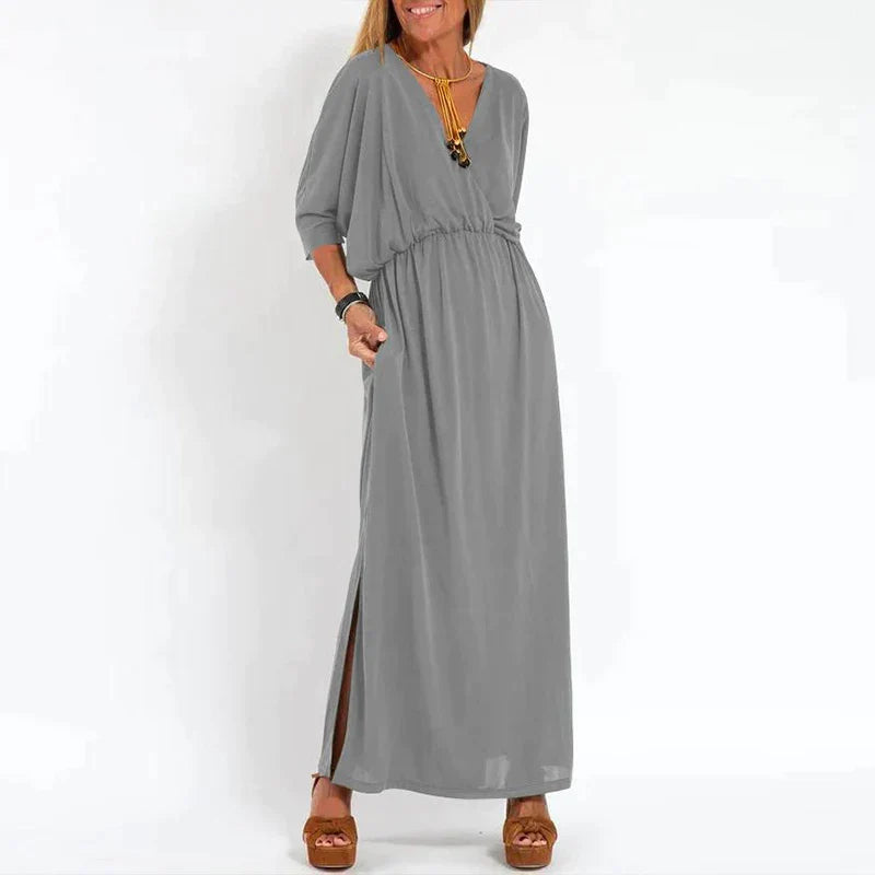 Lange Vintage jurk met zijsplit in hoge taille