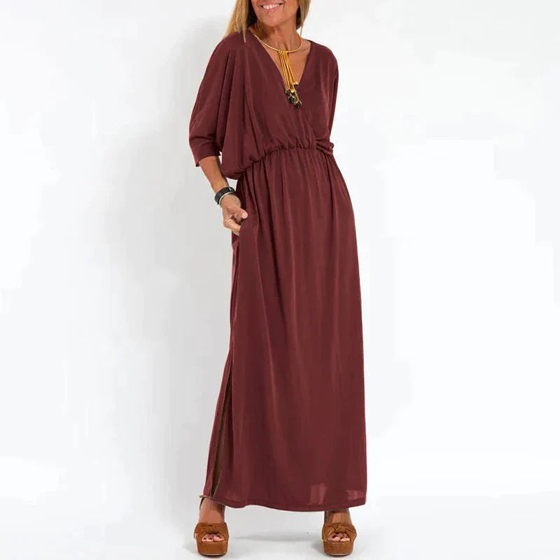 Lange Vintage jurk met zijsplit in hoge taille