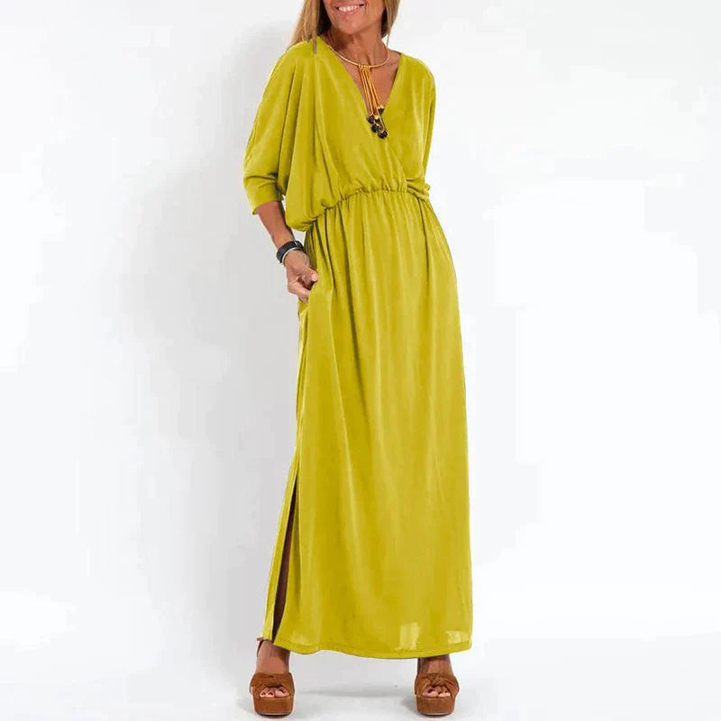Lange Vintage jurk met zijsplit in hoge taille