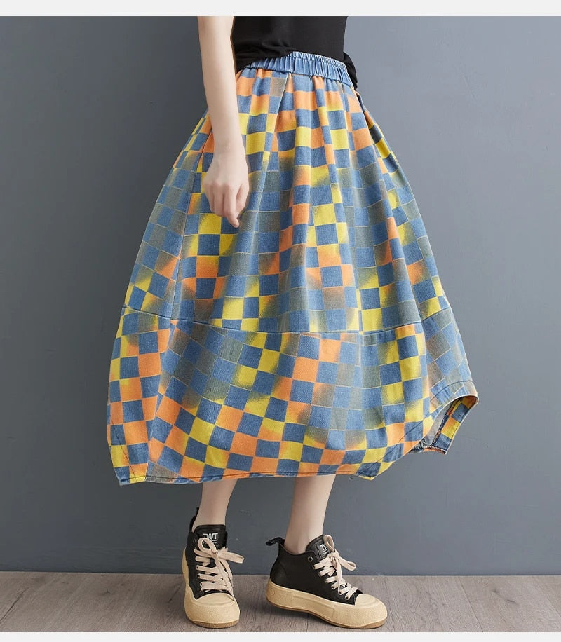Gebloemde denim rok met retroprint