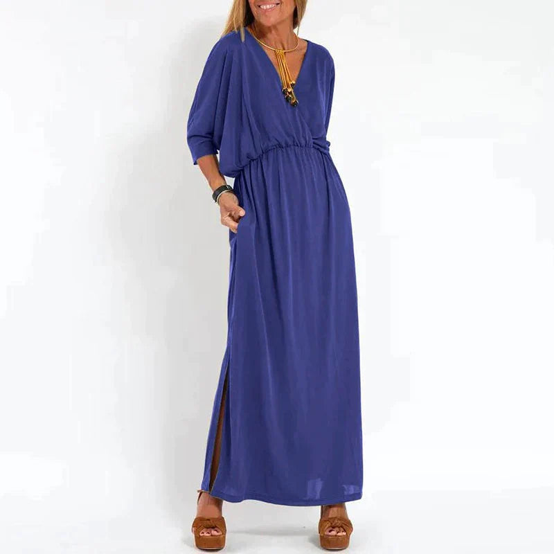 Lange Vintage jurk met zijsplit in hoge taille