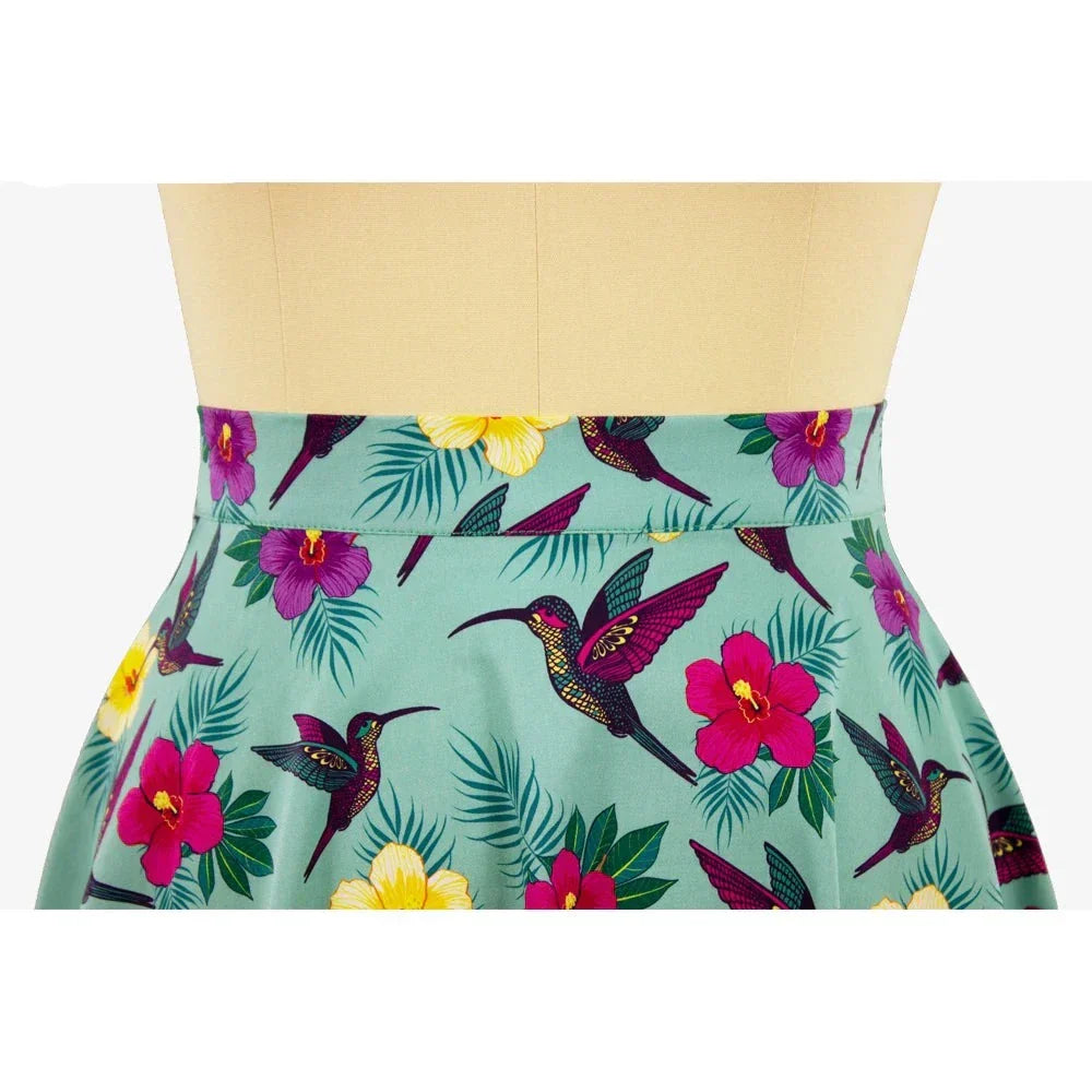 Retro vintage rok met bloemen- en vogelprint