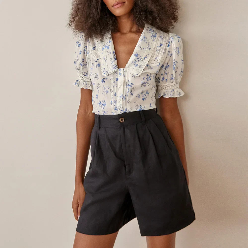 Vintage blouse met bloemenpatroon en kanten zoom