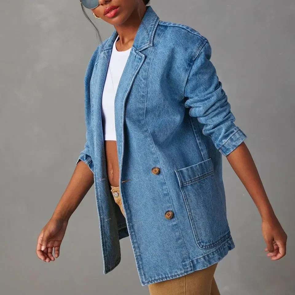 denim blazer met knoopzakken en losse pasvorm