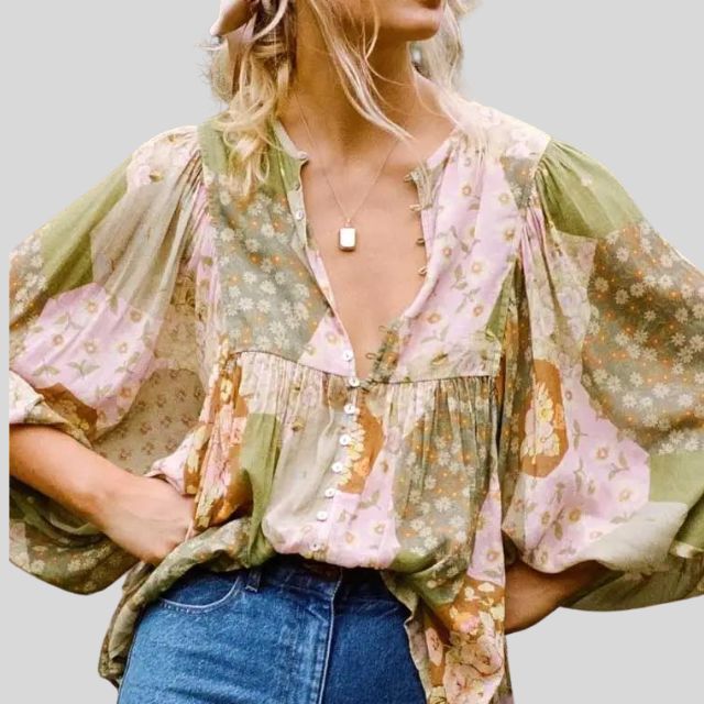 Patchwork boho blouse met knoop