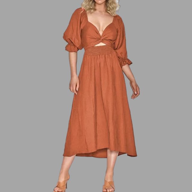 Midi-jurk met gesmokte bovenkant en ballonmouwen