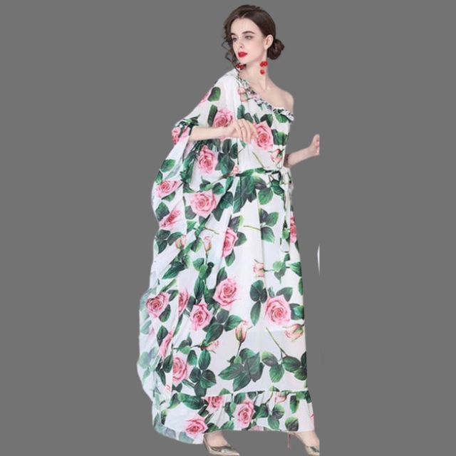 Gebloemde off-the-shoulder maxi-jurk met elastiek in de taille