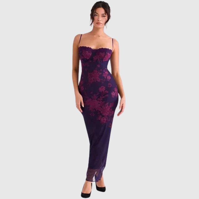 Gebloemde shift jurk met doorschijnende zoom