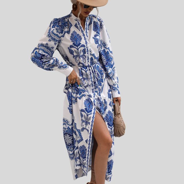 Maxi-jurk met paisleyprint en lange mouwen met knoopsluiting