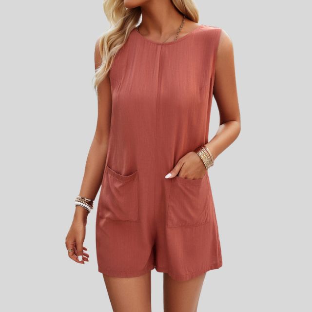 Mouwloze monochrome jumpsuit shorts met zakken