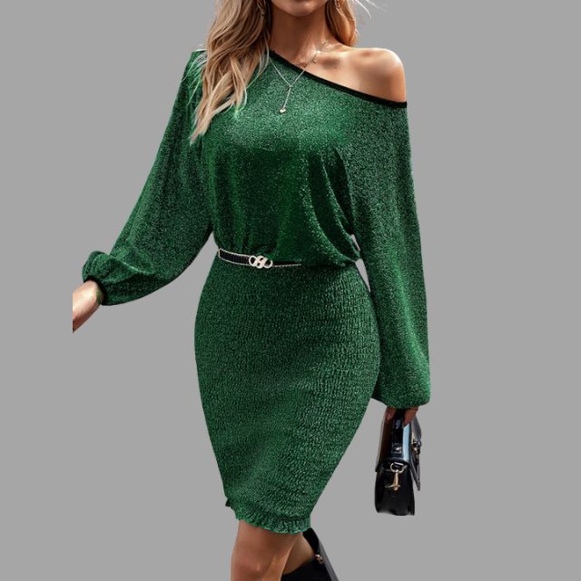 Glinsterende midi-jurk met gerimpelde taille