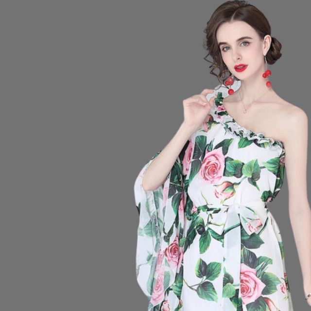 Gebloemde off-the-shoulder maxi-jurk met elastiek in de taille