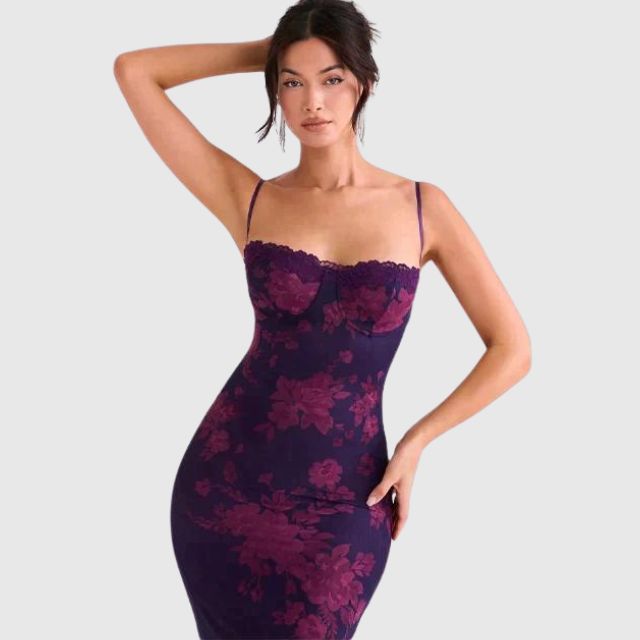 Gebloemde shift jurk met doorschijnende zoom