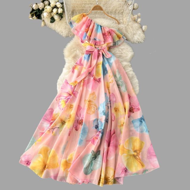 Gebloemde jurk met halternek en ruches