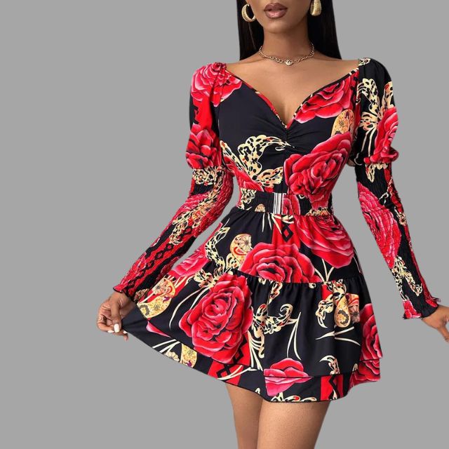 Gebloemde jurk Criselle met V-hals en pofmouwen