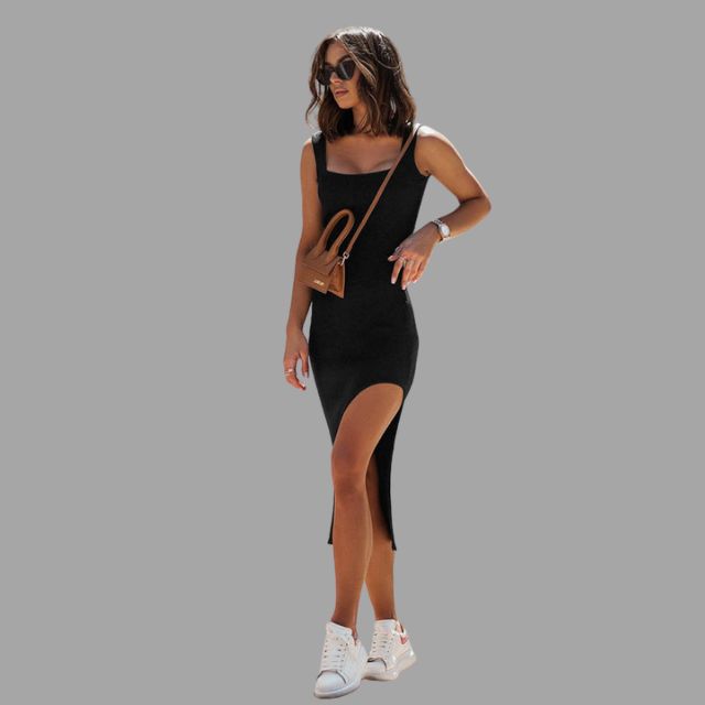 Mouwloze ribgebreide midi-jurk met zijsplit