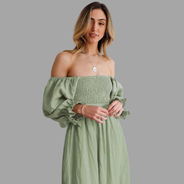 Midi-jurk met gesmokte bovenkant en ballonmouwen