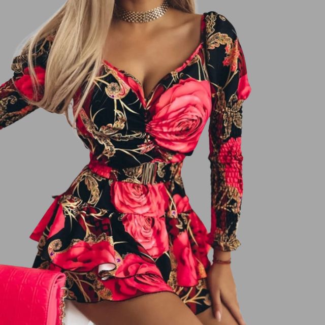 Gebloemde jurk Criselle met V-hals en pofmouwen