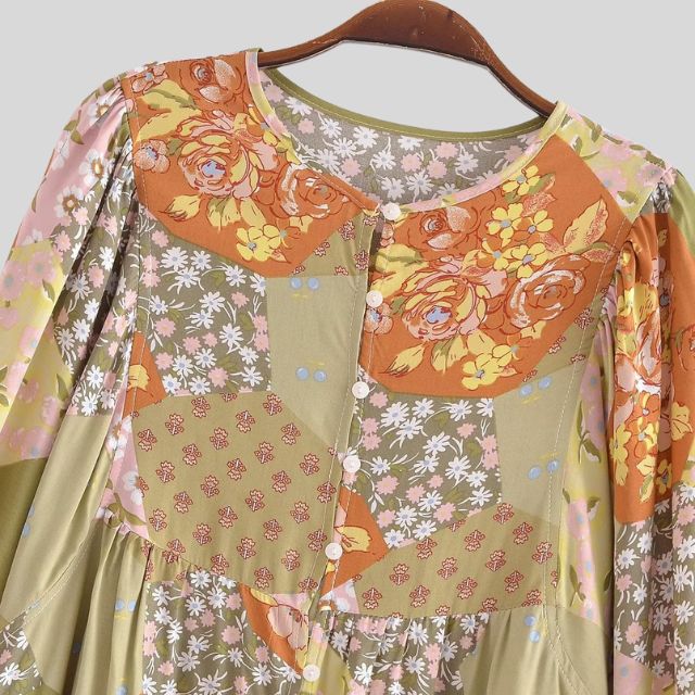 Patchwork boho blouse met knoop