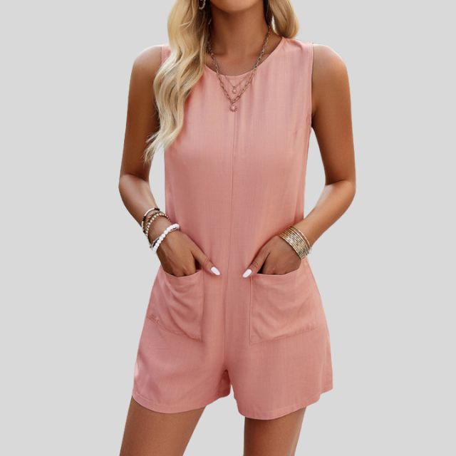 Mouwloze monochrome jumpsuit shorts met zakken