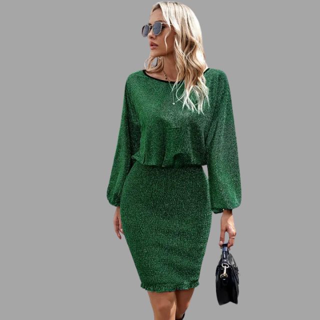 Glinsterende midi-jurk met gerimpelde taille