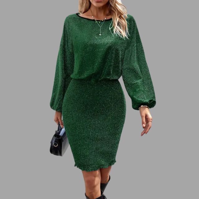 Glinsterende midi-jurk met gerimpelde taille