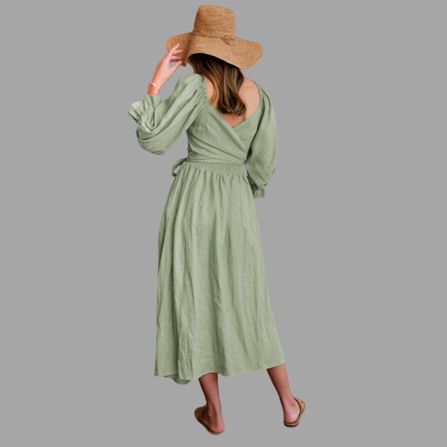 Midi-jurk met gesmokte bovenkant en ballonmouwen