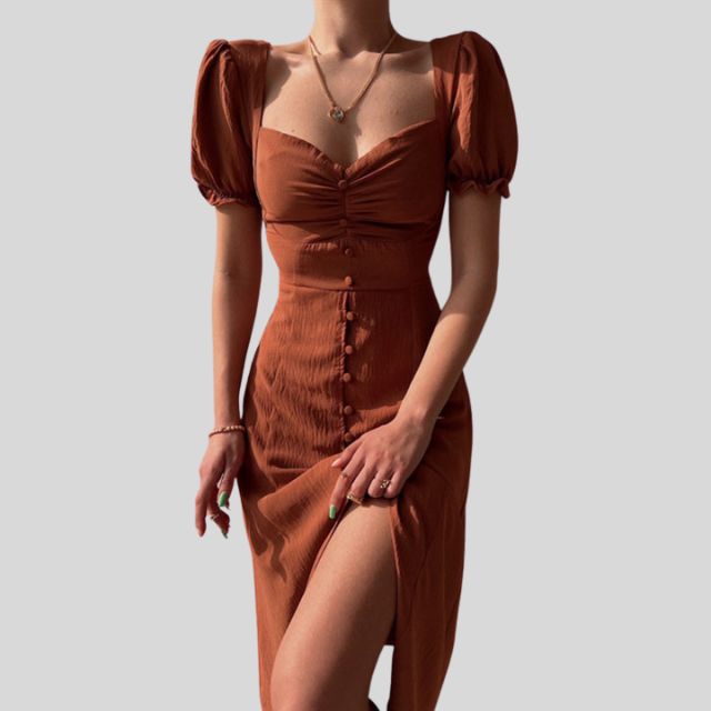 Midi-jurk met pofmouwen, knoopsluiting en split in de zoom