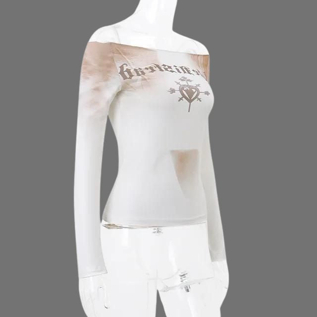 Off-the-shoulder top met lange mouwen en grafische print