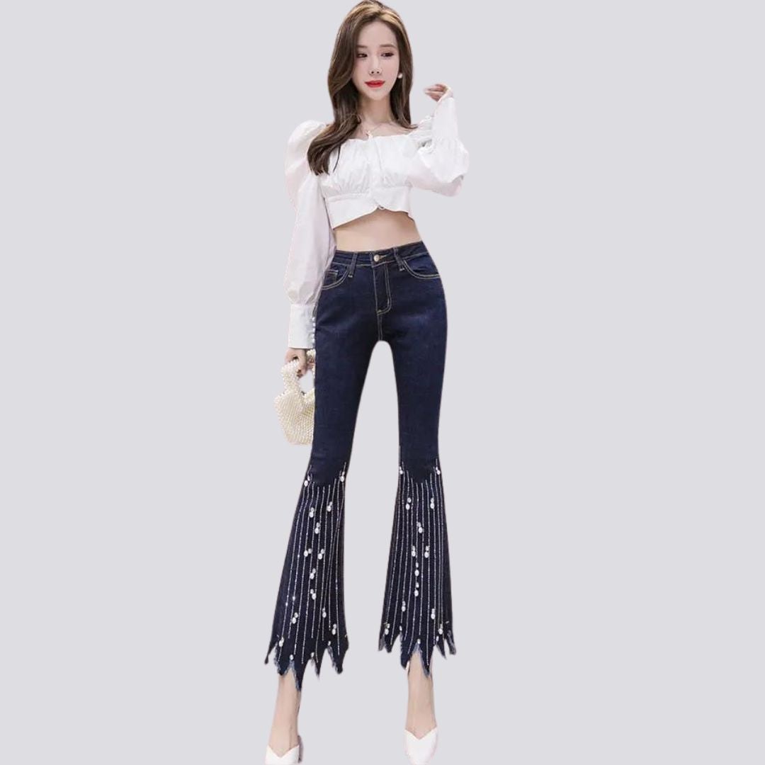 Flare jeans met hoge taille en parelmoeren kwastjesdetail