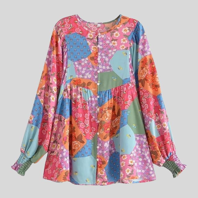 Patchwork boho blouse met knoop