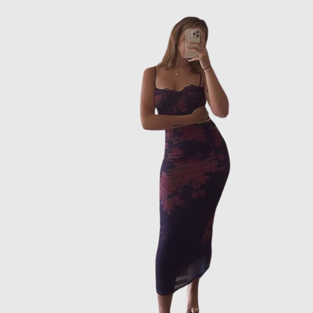 Gebloemde shift jurk met doorschijnende zoom