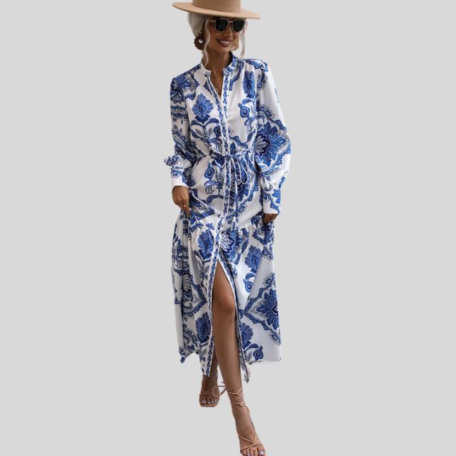 Maxi-jurk met paisleyprint en lange mouwen met knoopsluiting