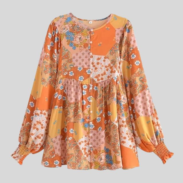 Patchwork boho blouse met knoop