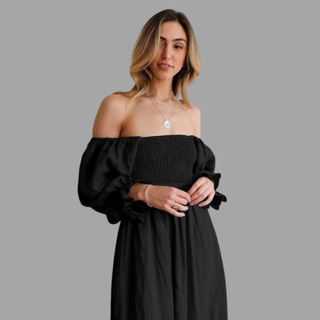 Midi-jurk met gesmokte bovenkant en ballonmouwen