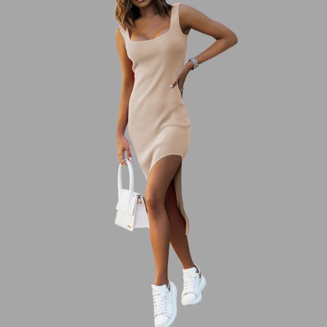 Mouwloze ribgebreide midi-jurk met zijsplit