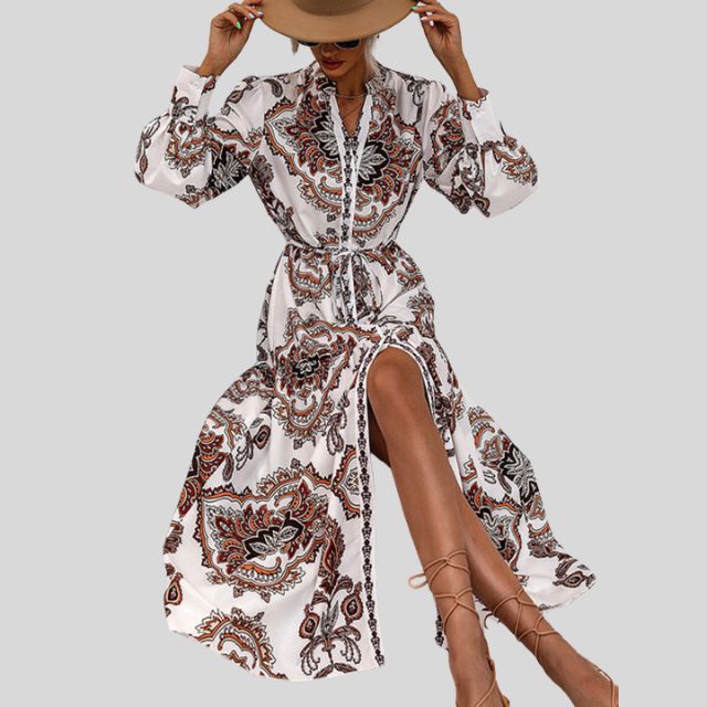 Maxi-jurk met paisleyprint en lange mouwen met knoopsluiting