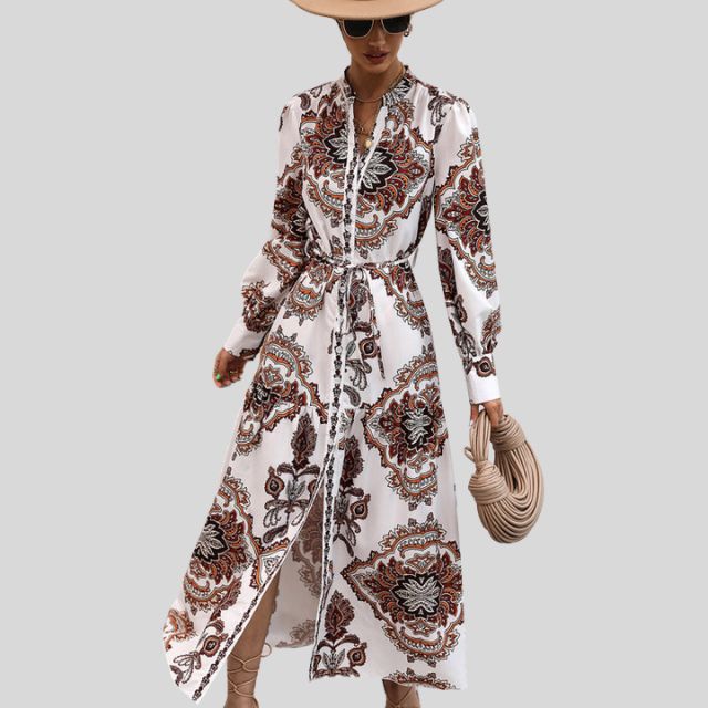 Maxi-jurk met paisleyprint en lange mouwen met knoopsluiting