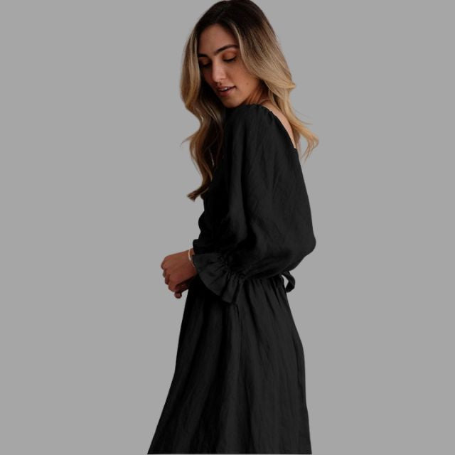 Midi-jurk met gesmokte bovenkant en ballonmouwen