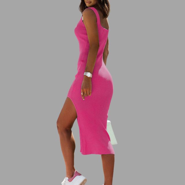 Mouwloze ribgebreide midi-jurk met zijsplit