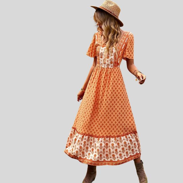 Vintage maxi-jurk met bloemenprint en vierkante halslijn