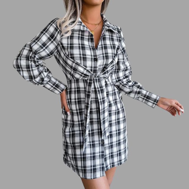 Klassieke geruite overhemdjurk met tailleband