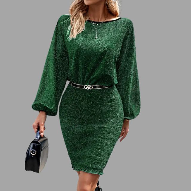 Glinsterende midi-jurk met gerimpelde taille