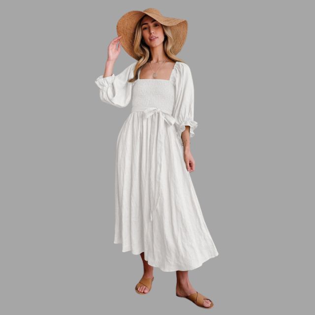 Midi-jurk met gesmokte bovenkant en ballonmouwen