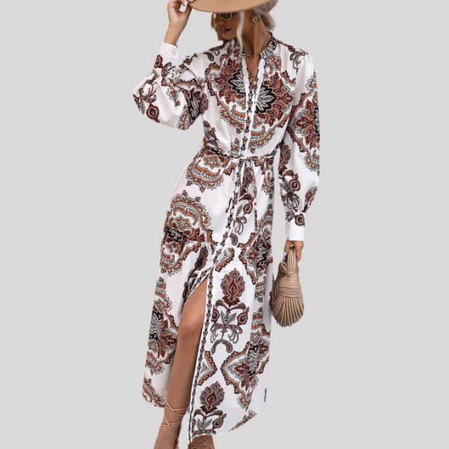 Maxi-jurk met paisleyprint en lange mouwen met knoopsluiting