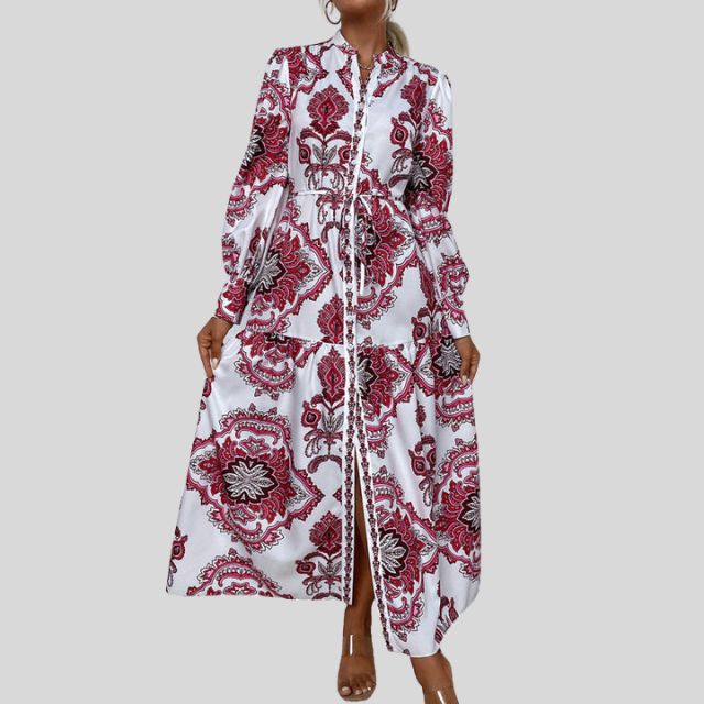 Maxi-jurk met paisleyprint en lange mouwen met knoopsluiting