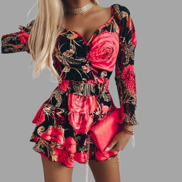 Gebloemde jurk Criselle met V-hals en pofmouwen